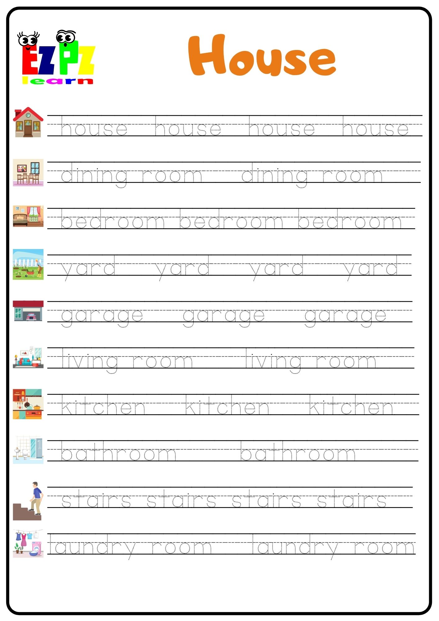 House Rooms Word Tracing Worksheet